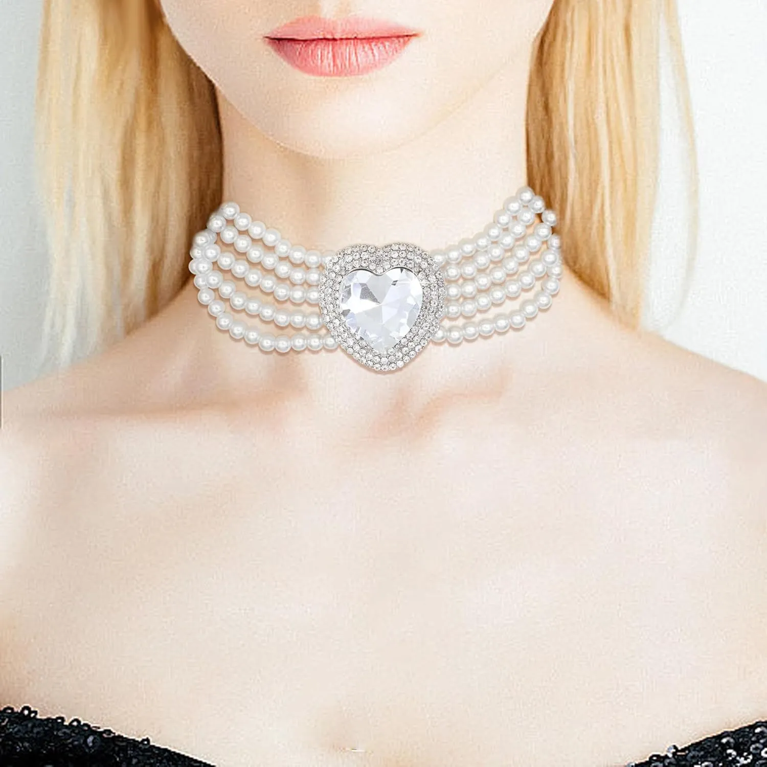 1920s Layered Imitation Pearl Choker Necklace Green Square Heart Rhinestone Pearl Bridal Choker Necklace Costume Jewelry for Women