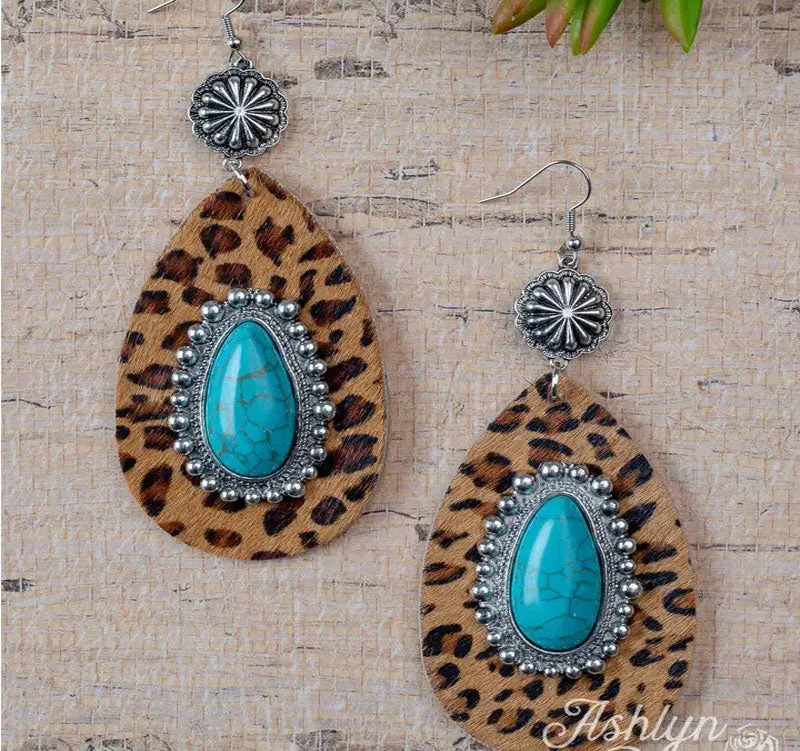 Country Cutie Teardrop Earrings with Stone, Brown Leopard