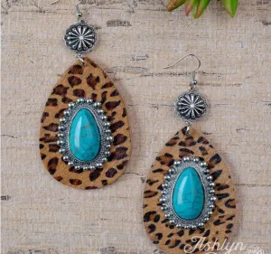 Country Cutie Teardrop Earrings with Stone, Brown Leopard