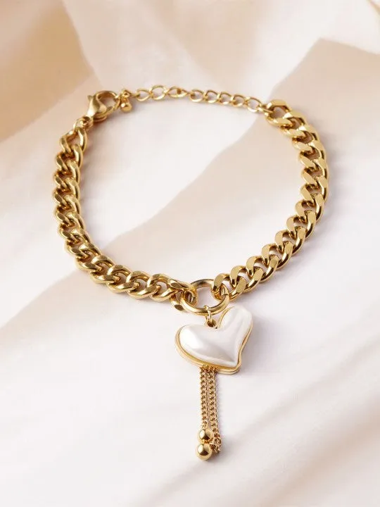 Gold Plated Stainless Steel Tarnish-Free Waterproof Chunky Heart Charm Bracelet