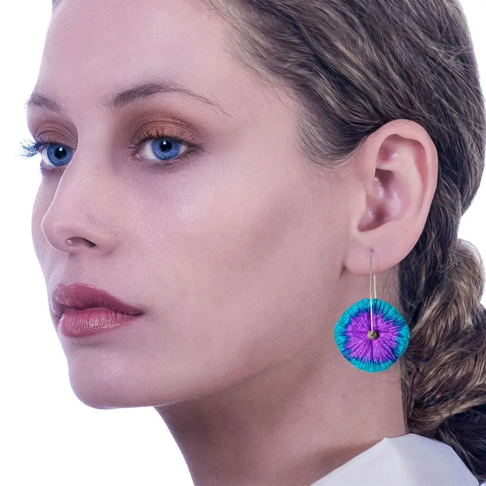 Handmade Flower Earrings Made From Papier-Mâché Turquoise Purple Long