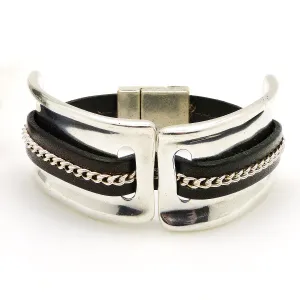 Lilly's Allure Leather Silver Chain Stitched Cuff Bracelet W103 Wear with Uno de 50
