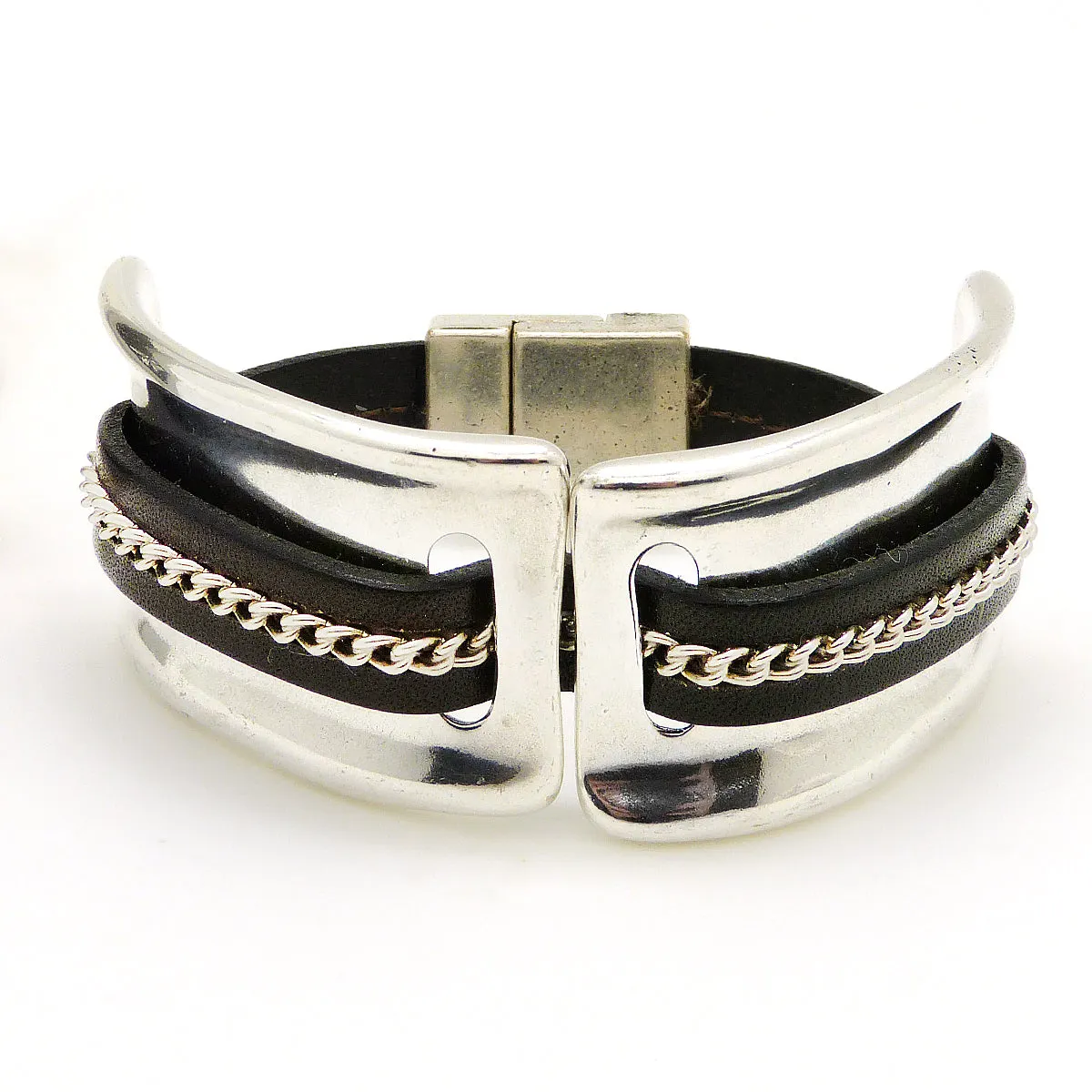 Lilly's Allure Leather Silver Chain Stitched Cuff Bracelet W103 Wear with Uno de 50