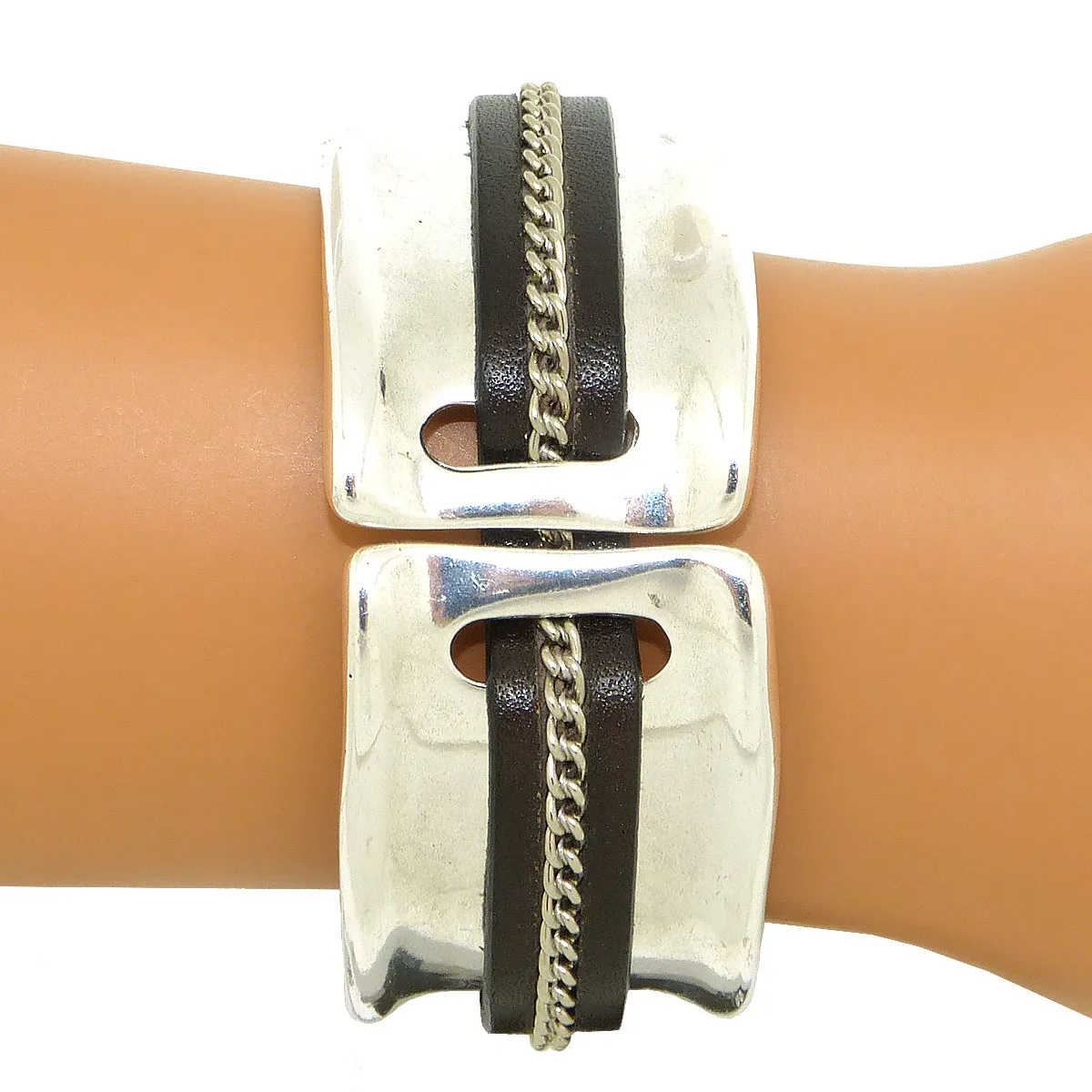 Lilly's Allure Leather Silver Chain Stitched Cuff Bracelet W103 Wear with Uno de 50