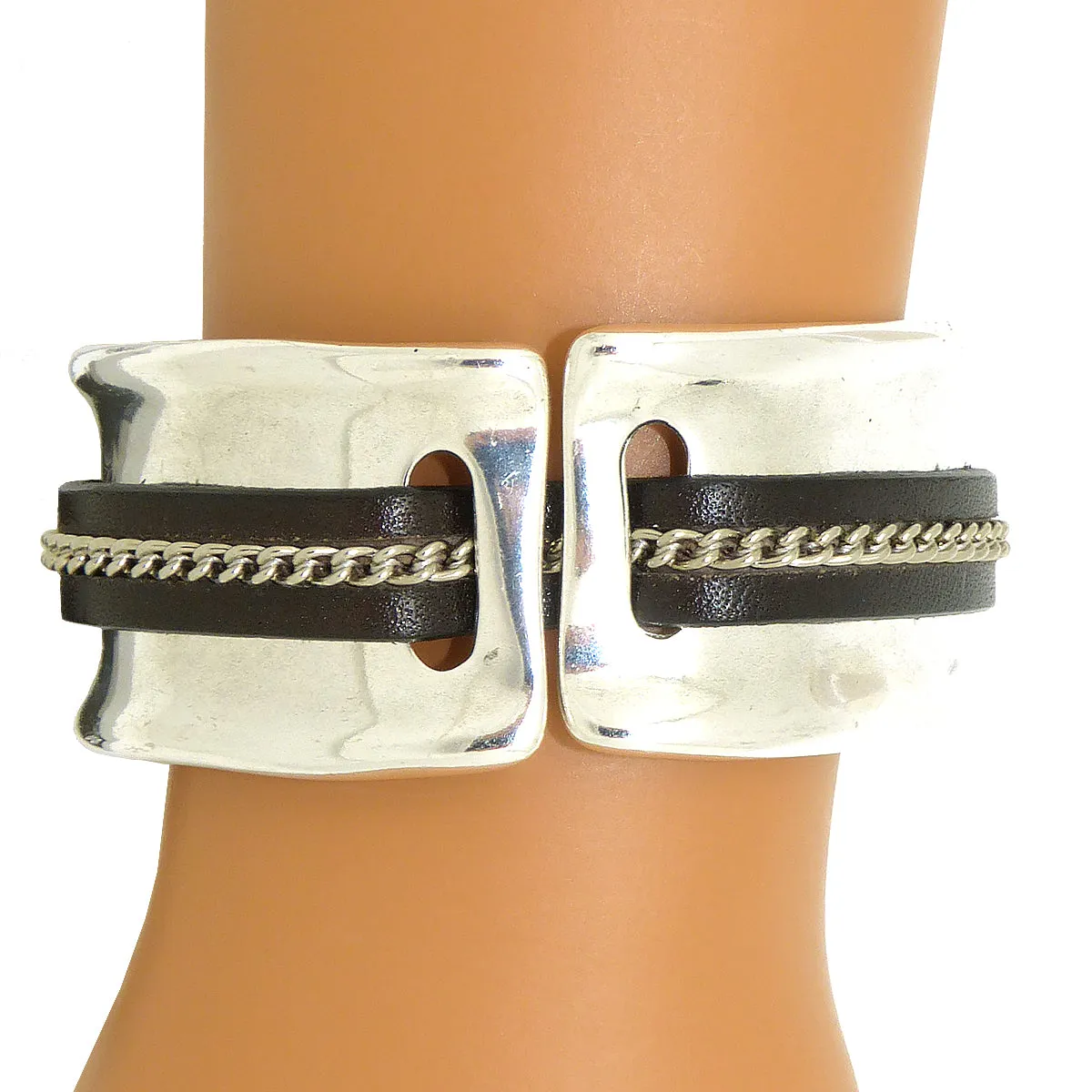 Lilly's Allure Leather Silver Chain Stitched Cuff Bracelet W103 Wear with Uno de 50