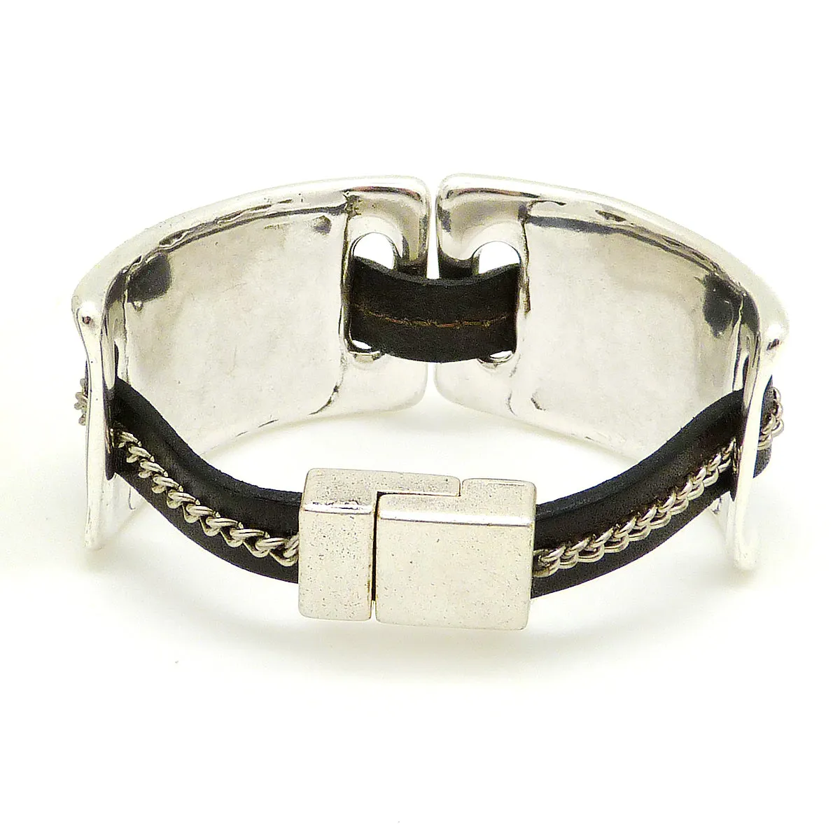 Lilly's Allure Leather Silver Chain Stitched Cuff Bracelet W103 Wear with Uno de 50