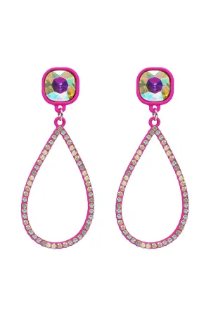 Neon Pink Dangle Rhinestone Teardrop Earring With Glass Stone Post