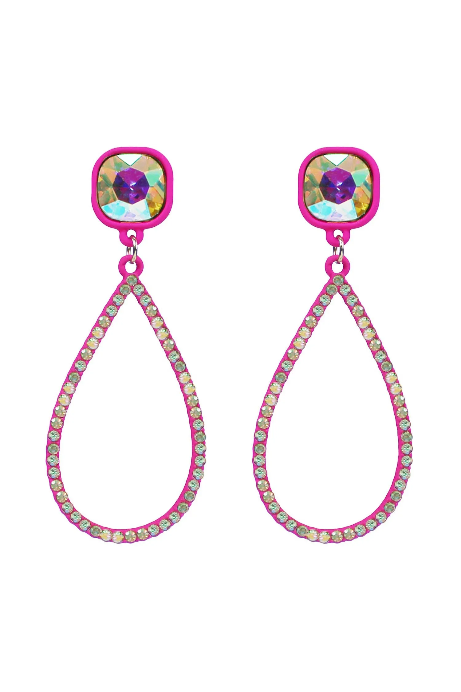 Neon Pink Dangle Rhinestone Teardrop Earring With Glass Stone Post