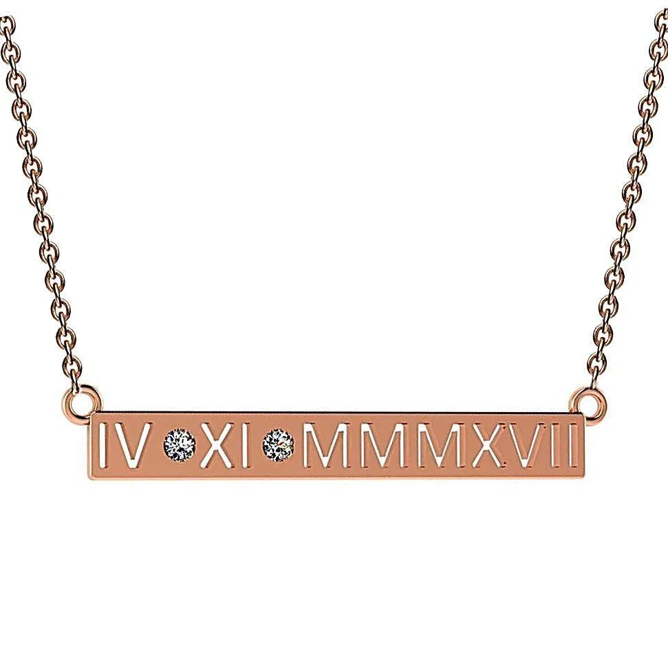 Personalized Diamond Roman Numerals Horizontal Bar Pendant Necklace 14K Gold