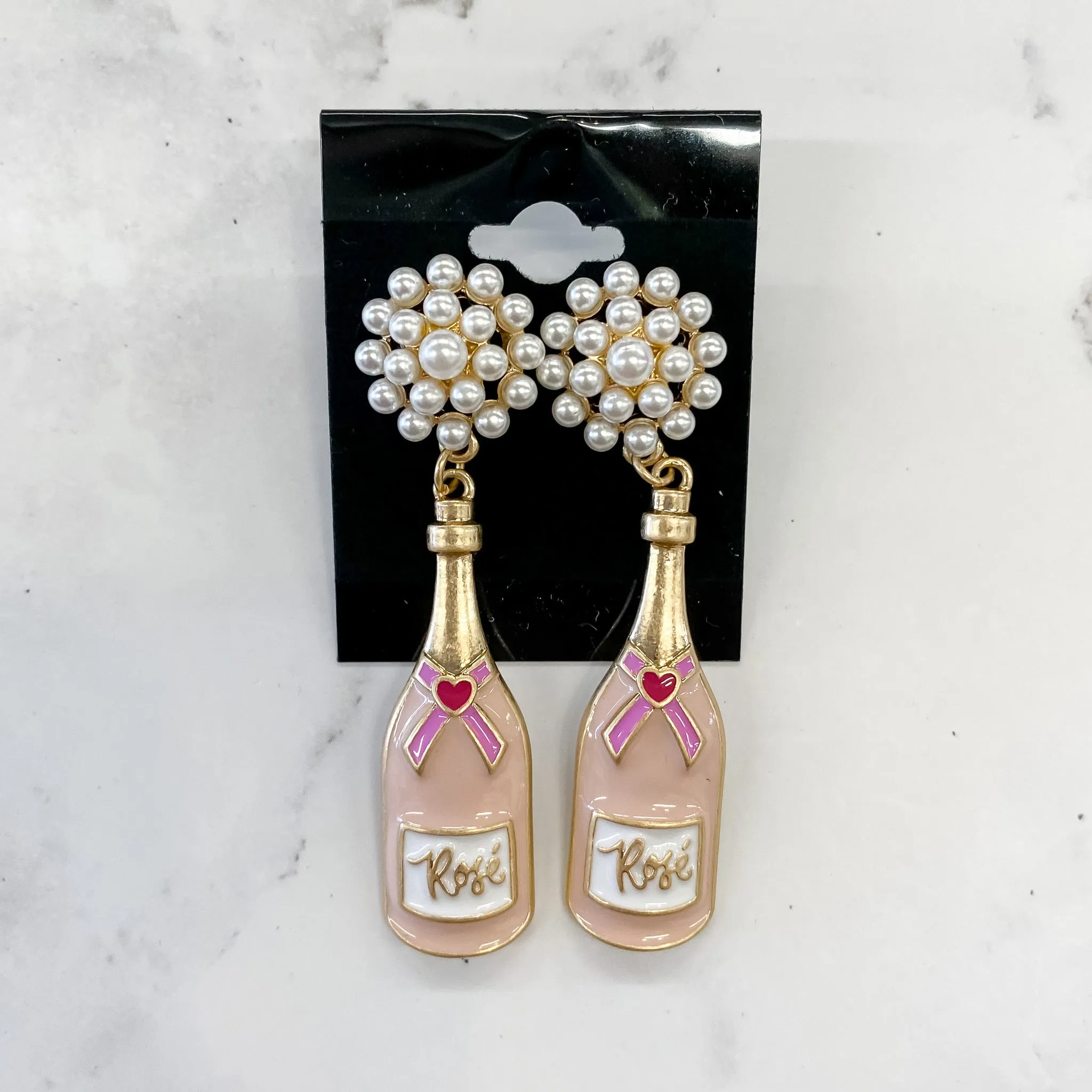 Rose Bottle Pearl Cluster Enamel Earrings in Pink